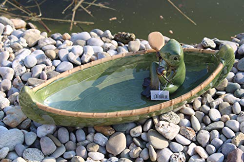 Holzwurm Vogeltränke Frosch im Kanu, aus Keramik, Länge 38 cm, Vogelbad mit Frosch
