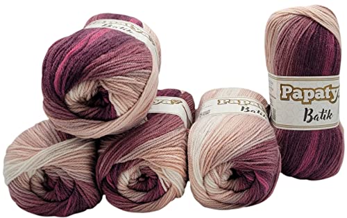5 x 100 g Strickgarn Papatya Batik mehrfarbig mit Farbverlauf, 500 Gramm Strickwolle bunt, Farbverlaufsgarn (beere rosa weiss 554-28)