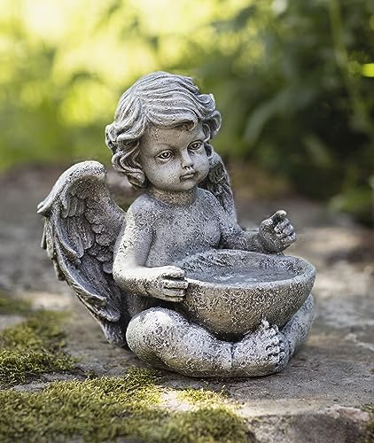 Dekofigur "Engel mit Schale" in Stein Optik, Gartendekofigur, Vogeltränke, Vogelbad, Garten-Deko für Draußen, Engelfigur mit Wasserschale