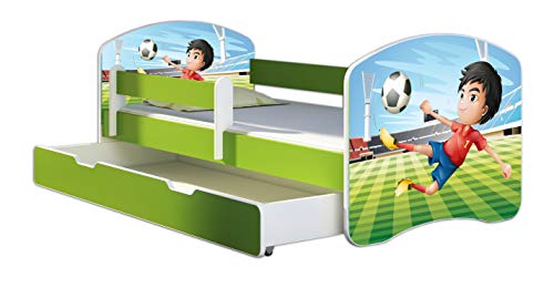 ACMA Kinderbett Jugendbett mit Einer Schublade und Matratze Grün mit Rausfallschutz Lattenrost II 140x70 160x80 180x80 (13 Fußballer, 160x80 + Bettkasten)