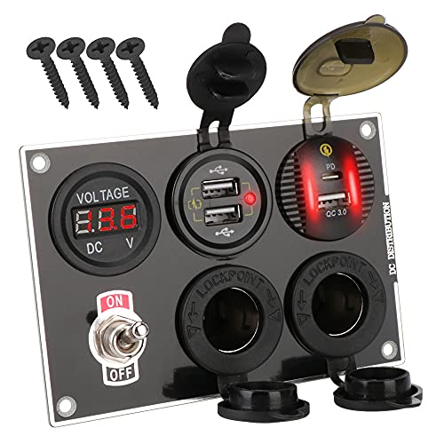 FYMTS Dual USB Port Car Switch Panel Combination QC3.0 & PD Quick Charge for Car Marine Boat ON-Off Rocker Toggle (Red)