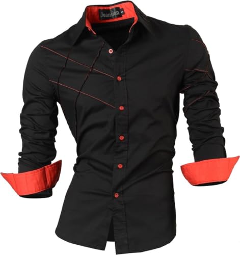 jeansian Herren Freizeit Hemden Shirt Tops Mode Langarmlig Men's Casual Dress Slim Fit 2028 Black L