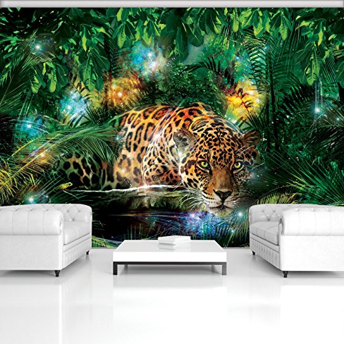 DekoShop Fototapete Vlies Tapete Moderne Wanddeko Wandtapete Jaguar im bunten Dschungel AMD1333V4 V4 (254cm. x 184cm.) Tiere/Fauna