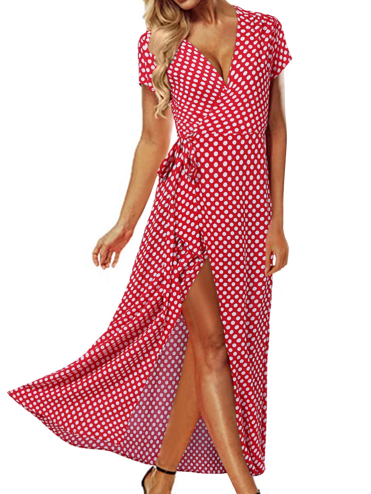 ACHIOOWA Sommerkleid Damen Elegantes Böhmisches Wickelkleid mit Schlitz Volant Kurzarm Maxikleid mit Bindegürtel Rot XL