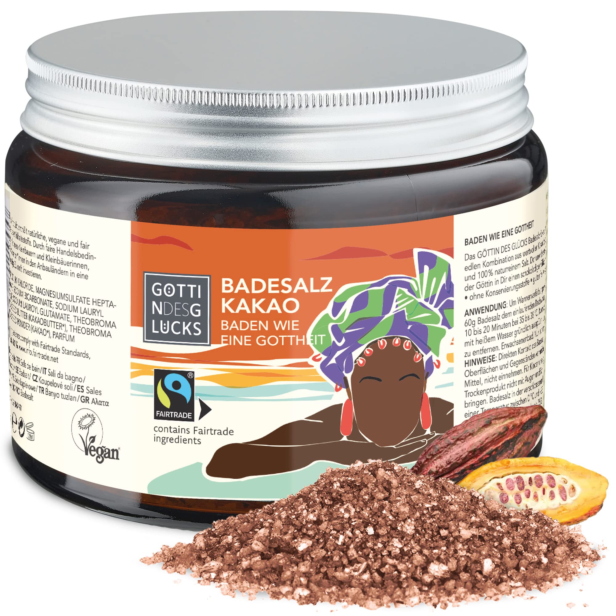 Göttin des Glücks Badesalz im Glas – Badezusatz – Badekristalle im Glas 450 Gramm – Bade-Salz Vegan & Fairtrade Naturkosmetik (Kakao)