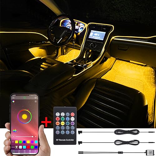 TABEN Auto-Umgebungsbeleuchtungs-Kit, 2 in 1 mit 3 m Glasfaser-Mehrfarben-Autobeleuchtungs-Kit, Musik-Rhythmus-Sound-Aktiver Speicherfunktion, drahtloser Fernbedienung und Bluetooth-APP-Steuerung 12V