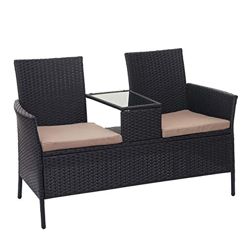 Mendler Poly-Rattan Sitzbank mit Tisch HWC-E24, Gartenbank Sitzgruppe Gartenmöbel, 132cm ~ schwarz, Kissen Creme