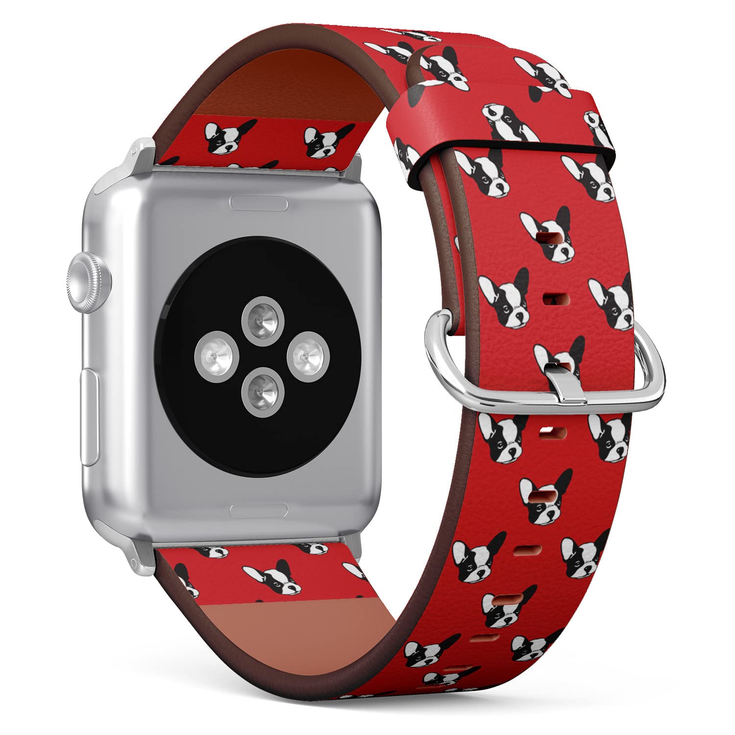 IKIKI-TECH Kompatibel mit Apple Watch Armband 42 mm, 44 mm, 45 mm, 49 mm (Hund Französische Bulldogge), Ersatzarmband aus veganem Leder für iWatch Series 8, 7, 6, 5, 4, 3, 2, 1 Ultra SE