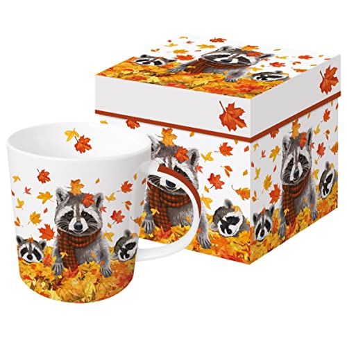 Kaffeebecher Waschbär mit Geschenkbox, Tasse Herbst Blätter Geschenkidee Geschenkset