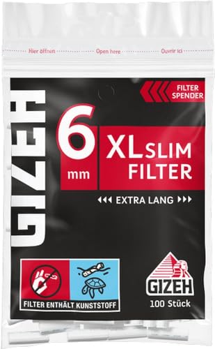 GIZEH Black XL Slim Filter – XL Slim Filter mit 6mm Durchmesser – Filter mit Klebefläche für besseren Halt – 20er Pack á 100 Slim Filter mit 19mm Länge in wieder verschließbarem Beutel