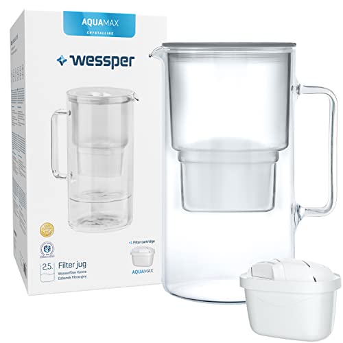 Wessper Glas-Wasserfilter Karaffe Kompatibel mit Brita-Wasserfilterkartuschen, Inklusive 1 Wasserfilter-Kartusche, Reduziert Kalk und Chlor, 2.5 Liter, Grau