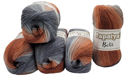 5 x 100 g Strickgarn Papatya Batik mehrfarbig mit Farbverlauf, 500 Gramm Strickwolle bunt, Farbverlaufsgarn (braun grau 554-44)