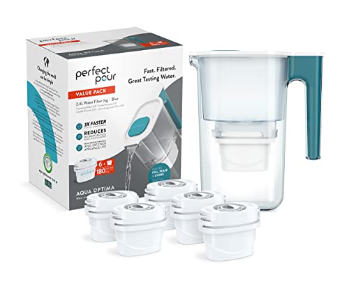 Aqua Optima Perfect Pour Wasserfilterkanne & 6 x 30 Day Evolve+ Filterkartusche, 2,4 Liter Fassungsvermögen, zur Reduzierung von Mikroplastik, Chlor, Kalk und Verunreinigungen, Blau