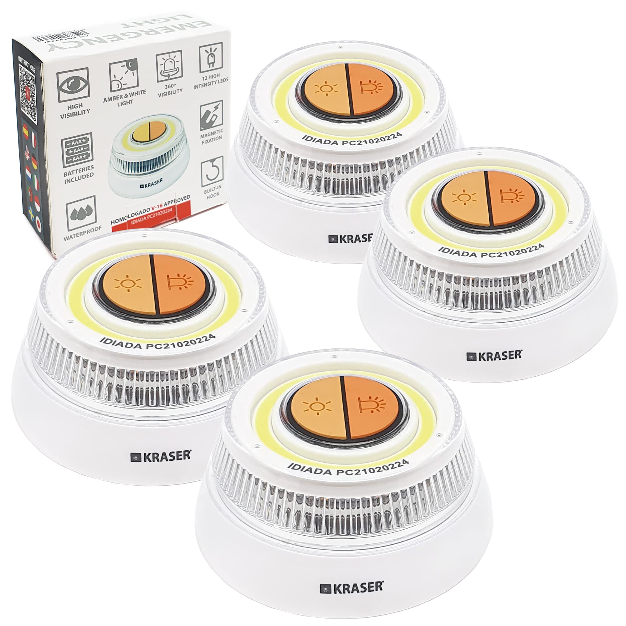 KRASER KR4V16WP4 Pack 4 LED-Licht für Auto-Straßen-Taschenlampe, orange und weiße Beleuchtung, magnetische Magnetbefestigung, Aufhänger, AAA-Batterien im Lieferumfang enthalten, Sicherheit