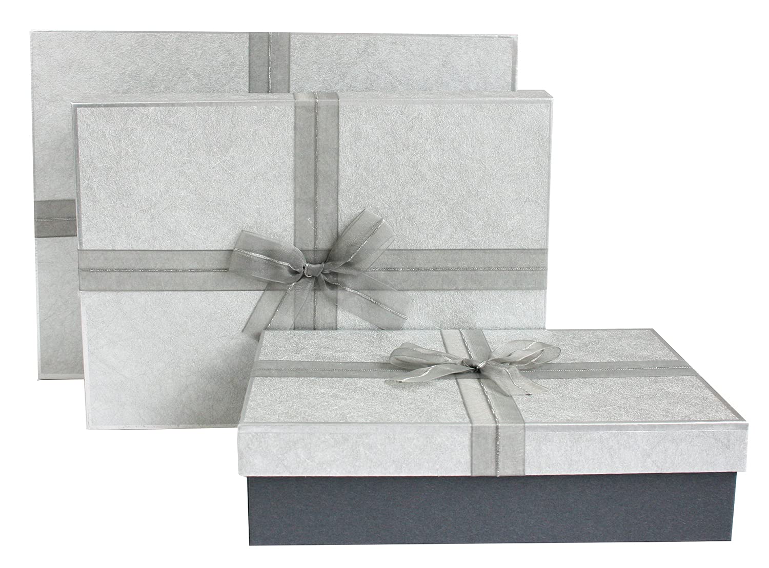 Emartbuy 3er Set starre Geschenkboxen, dunkelgraue Box mit silbernem Deckel, graues Stoff-Dekoband und 200g geschreddertes Papier in schwarz