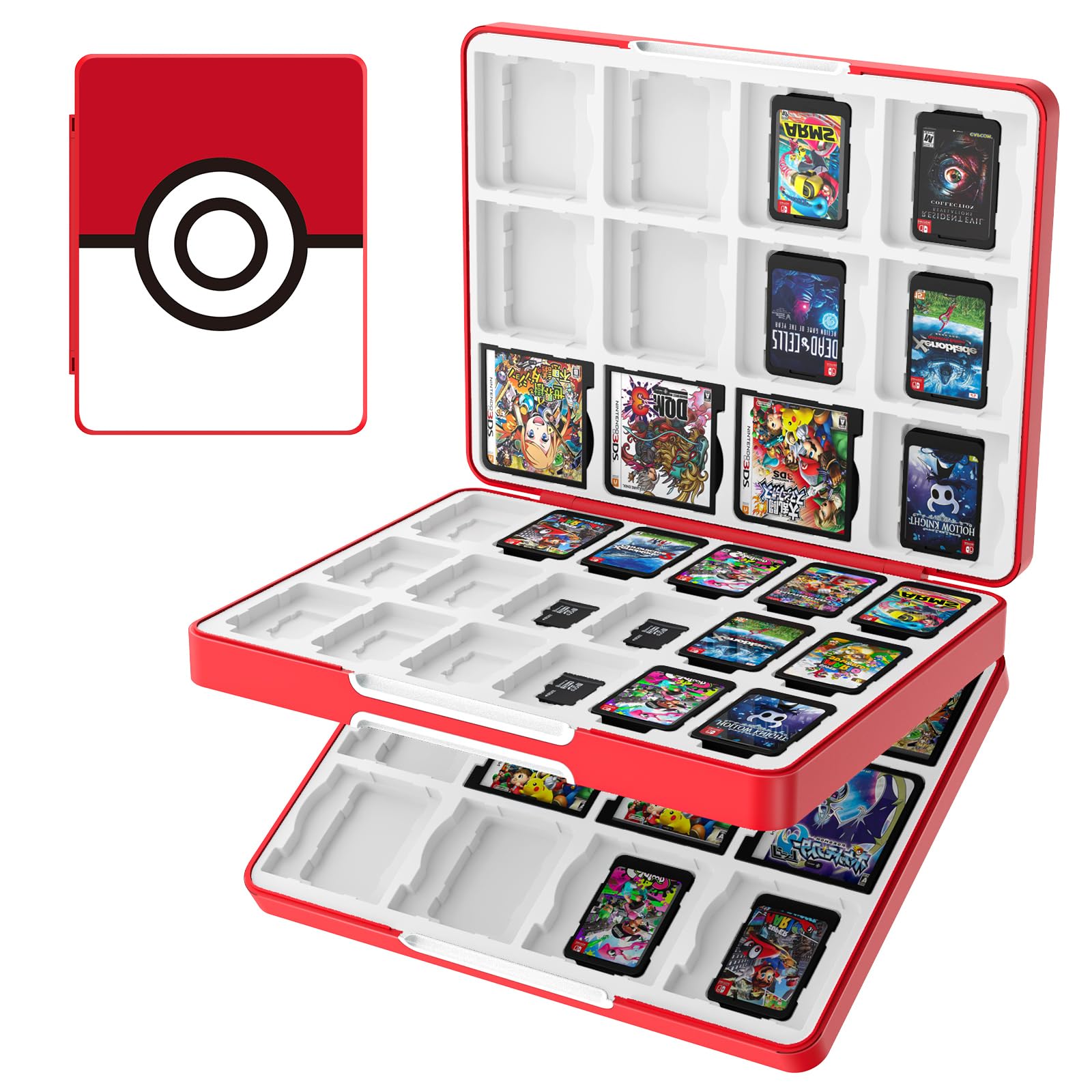 TiMOVO 60 Spielkarten Hülle für Switch OLED/Switch, 60 Fächer Switch Spielehalter für 24 3DS/3DSXL/DS/DSi Karten & 60 Switch & 36 SD Karten, 3 in 1 Tragbare Spiele Aufbewahrungsbox, Weißer Kreis