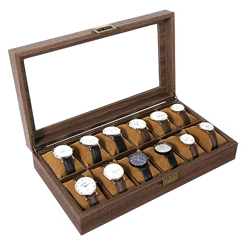 Uten Uhrenbox für 12 Uhren braun, Uhrenaufbewahrungsbox mit großer Fächern und klarem Deckel, Uhrenkasten Uhrenkoffer aus PU Leder, Geschenkidee