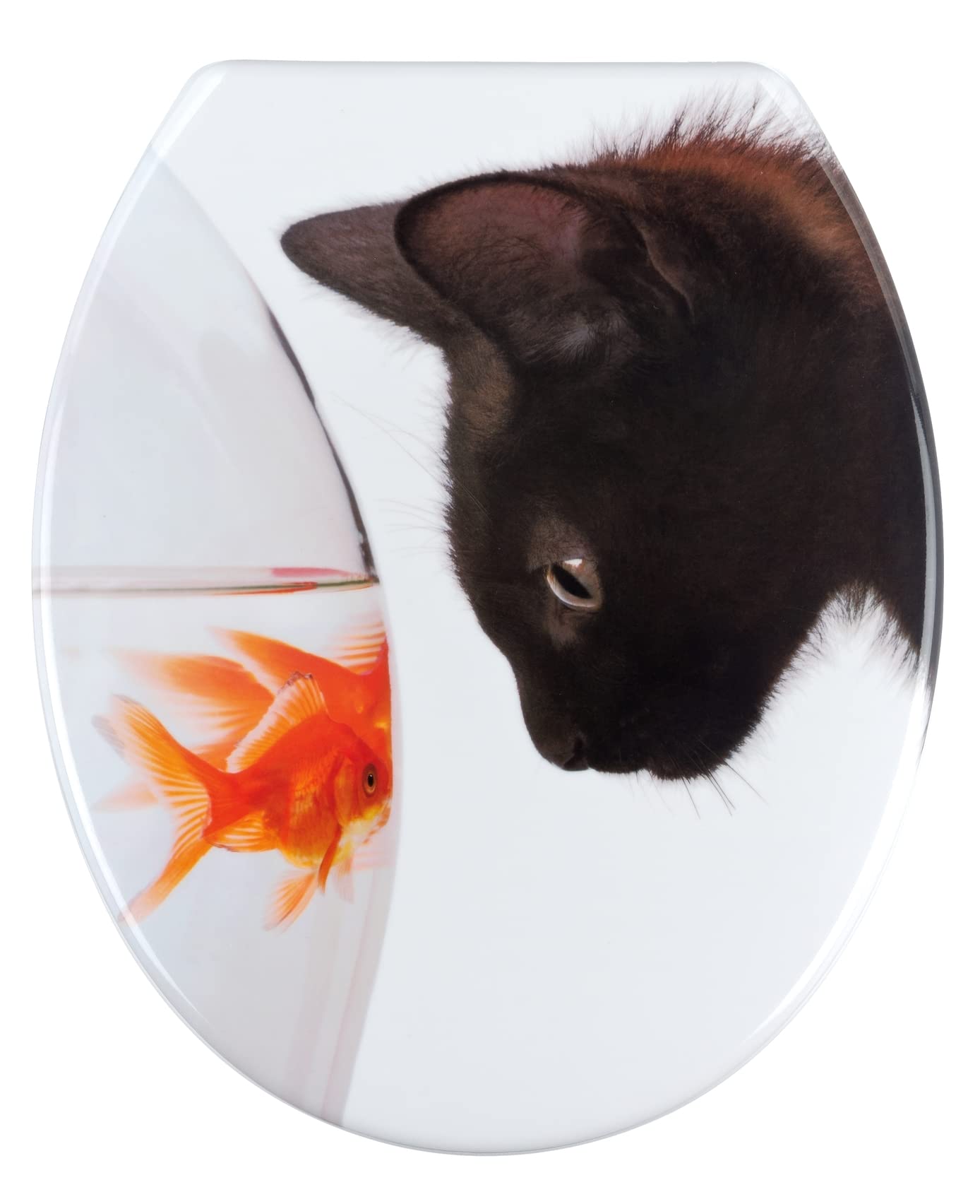WENKO WC-Sitz Fish & Cat, Toilettensitz mit Hygienebefestigung aus rostfreiem Edelstahl, Toilettenbrille aus antibakteriellem Duroplast, 37,5 x 45 cm