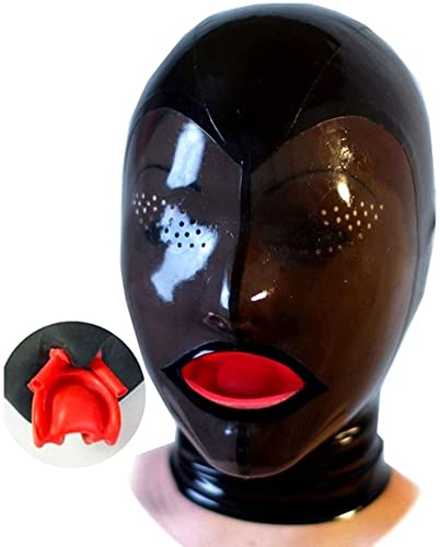LBYLYH Full Cover Haube Aus Latex Mit Red Gag Und Nasenschlauch Augen Öffnen Ineinander Greifen-Loch Gummi-Maske-Verein-Partei-Abnutzungs-Kostüm,Schwarz,M