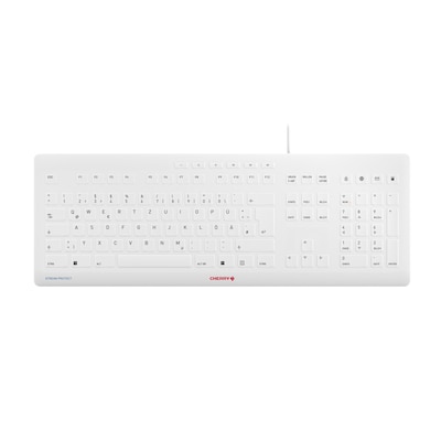 CHERRY Stream Protect Keyboard, kabelgebundene Tastatur mit abnehmbarem Silikon-Tastaturschutz, Deutsches Layout (QWERTZ), flaches Design, desinfizierbar, weiß-grau