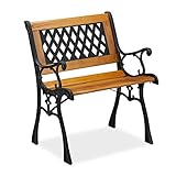 Relaxdays Gartenstuhl mit Armlehne, belastbar, niedrig, Vintage-Design, Holz & Gusseisen, 73x62x 52,5 cm, Natur-schwarz
