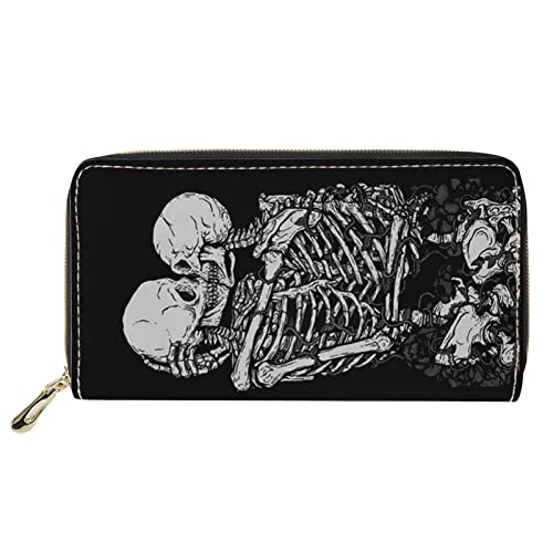 Leder-RFID-Reißverschluss-Geldbörse Paar Skeleton Kiss Print Damengeldbörse Lange Geldbeutel Leichte Handtaschen