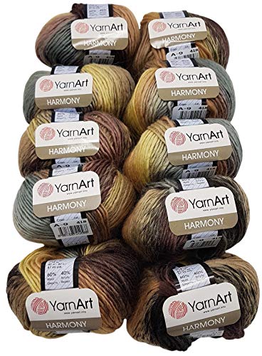 10 x 50 g YarnArt Harmony Strickwolle mehrfarbig mit Farbverlauf, 500 Gramm Strickgarn mit 60% Wolle-Anteil (braun beige taupe grau A9)