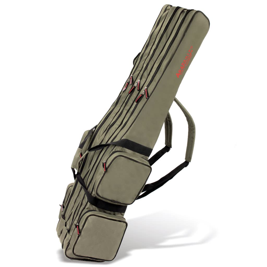 Arapaima Fishing Equipment® Rutentasche für 4, 6 oder 8 Angelruten | Angeltasche | Angelrucksack für Angelausrüstung - Oliv 3 Innenfächer - 150 cm