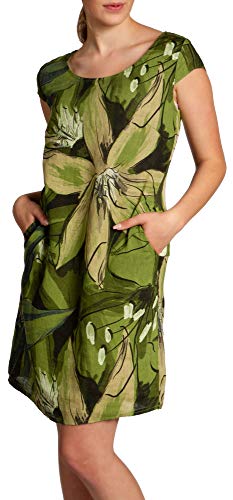 Caspar SKL035 knielanges Elegantes Damen Sommer Leinenkleid mit abstraktem Blüten Print, Farbe:grün, Größe:M - DE38 UK10 IT42 ES40 US8