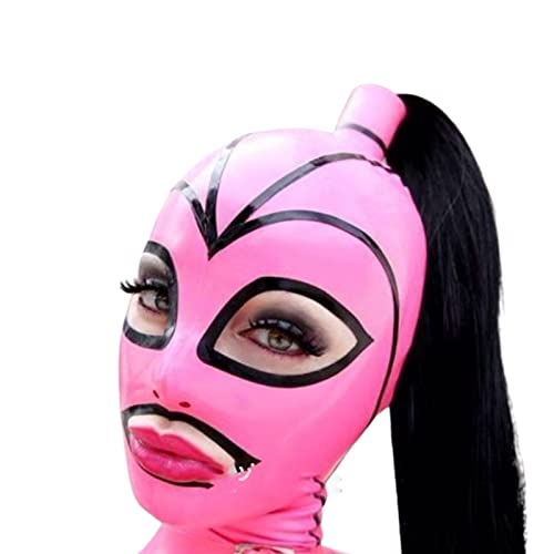 ERNZI Latex Hood Unisex Latex Fetish Mask Full Cover Pink and Black Strips with Ponytail Wig Deadpool Mask,Rosa,L