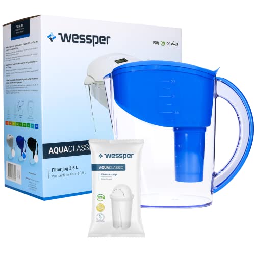 Wessper Wasserfilter Kanne Aqua Classic 3,5L Blau inkl 1 Filterkartusche Filterpatrone | Wasserfilterkanne Trinkwasserfilter Tischwasserfilter Wasser Filter mit Filterwechsel Anzeige Water Filter Jug