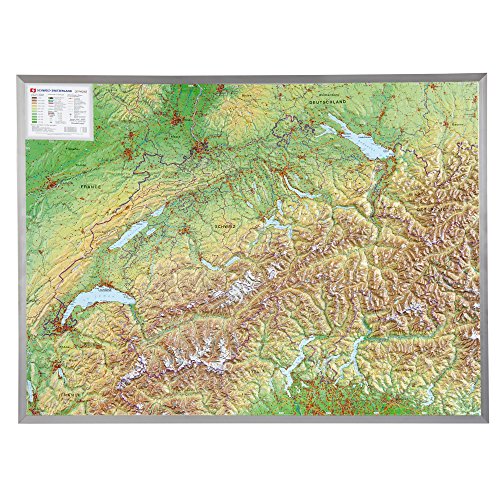 Georelief 3D Reliefkarte Schweiz (Größe groß, mit silbernen Aluminiumrahmen)
