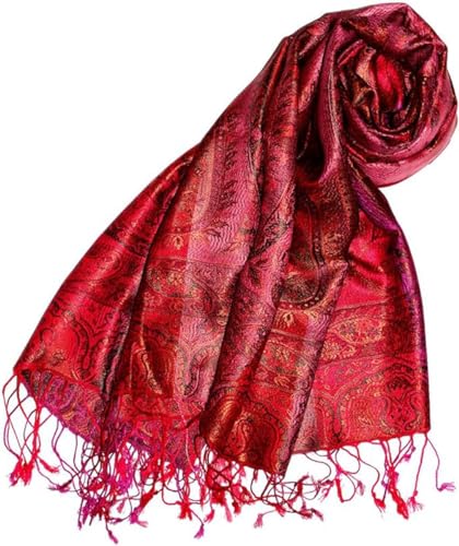 LORENZO CANA Luxus Pashmina Damenschal Schaltuch jacquard gewebt 100% Seide 70 x 190 cm Paisley Muster Seidenschal Seidentuch Seidenpashmina harmonische rot Farben 78200