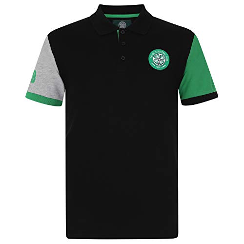 Celtic Glasgow Herren Polo-Shirt mit Wappen - Fußball - Schwarz mit Kontrastärmeln - M