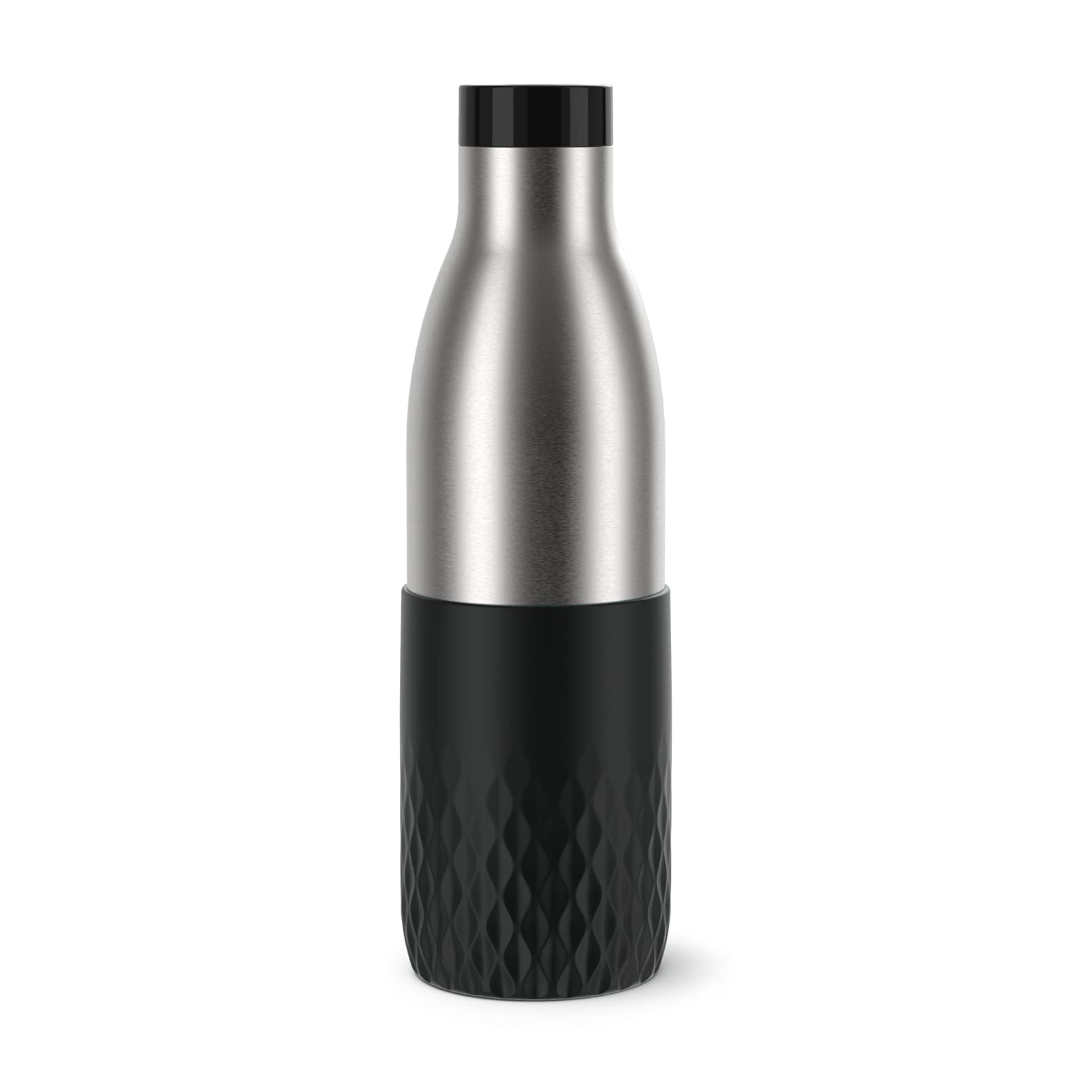 Emsa N31111 Bludrop Sleeve Trinkflasche | 100 % dicht | Quick-Press Verschluss | Ergonomischer 360° Trinkgenuss |12h warm, 24h kühl | spülmaschinenfest | Edelstahl | Schwarz | 0,7 Liter, Schwarz