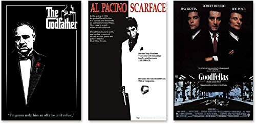 Close Up Gangster Movies Poster 3er-Set, Der Pate The Godfather, Al Pacino Scarface, Goodfellas - 61 x 91,5 cm + 2 St. transparente Posterleisten mit Aufhängung