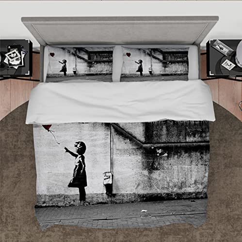 DINGSION Bettwäsche-Set im Banksy-Stil 3-teilig Straßen-Graffiti-Kunst rotes Ballonmädchen weiche atmungsaktive Bettwäsche für Kinderzimmer mit 2 Kissenbezügen 135 x 200 cm