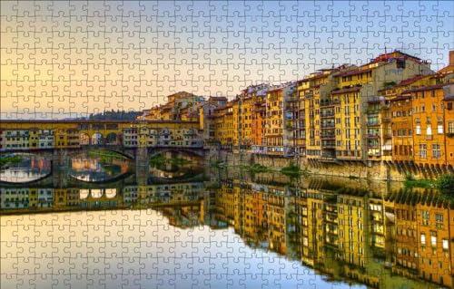 GUOHLOZ Puzzles FüR Erwachsene 1000 Teile Holzpuzzle Hands On Game Family Decoration Brücke, Italien, Florenz, Fluss Arno, Ponte Vecchio, 75x50cm