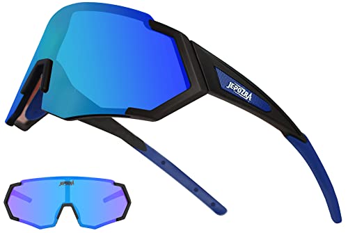 JEPOZRA Polarisiert Fahrradbrille mit 3 Wechselgläser Sports Sunglasses Anti-UV400， für MTB Klettern Angeln Unisex (Black blue)
