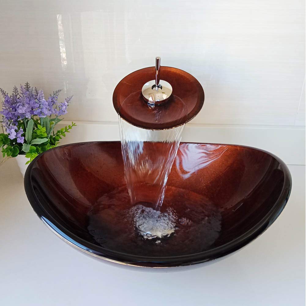 HomeLava Set aus Waschbecken aus Gehärtetes Glas mit Wasserfall-Wasserhahn