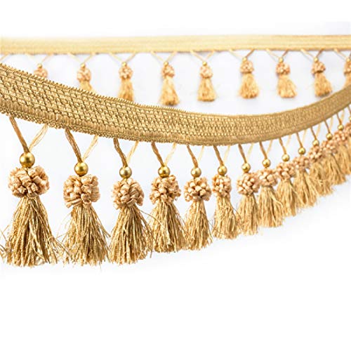 Yalulu 1,7 m europäischer Stil geflochtene Perlen hängende Kugel Quaste Fransen Besatz Spitzenband Vorhang Trim für Vorhang Tischdecke Heimdekoration (Gold)
