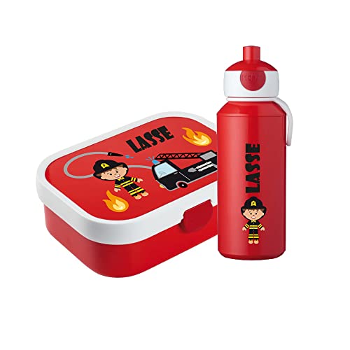 4youDesign Set: rote Brotdose mit Fächern & Trinkflasche -Feuerwehr- personalisiert mit Namen I Campus mit Bento-Box & Gabel Jungen & Mädchen