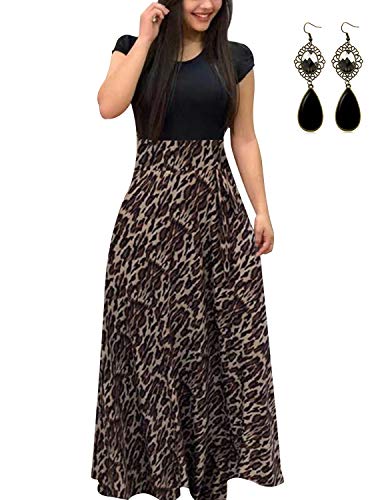 UUAISSO Sommerkleid Damen Lang mit Blüte Drucken Lang High Waist Elastische Strandkleider Maxikleider D-Leopard-Kurzarm M