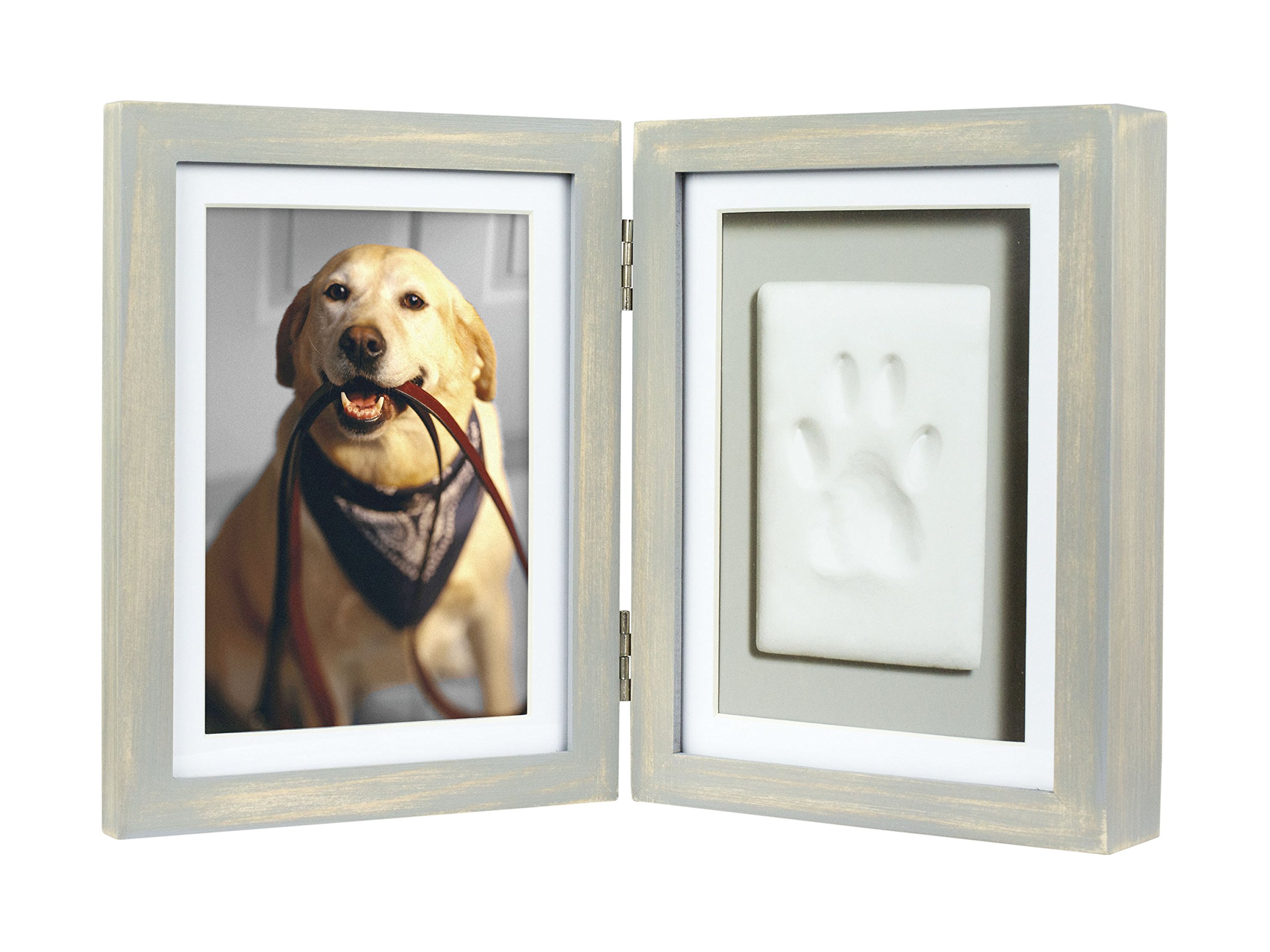 Pearhead Pawprint Pet Keepsake Photo Frame with Clay Imprint Kit, Dog or Cat Keepsake Frame, Tabletop Picture Frame, DIY Clay Paw Print, Distressed Grey