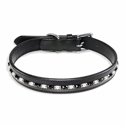 Monkimau Halsband Hund echt Leder Hunde Halsbänder schwarz mit Swarovski Kristallen Lederhalsband verstellbar Dog Collar Hundehalsband (XS-S: 20mm x 40cm)