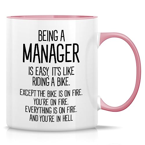Retreez Lustige Tasse mit Aufschrift "Being A Manager is Easy" aus Keramik, 325 ml, lustig, sarkasmus, motivierend, inspirierend, als Dankeschön-Geburtstagsgeschenk, weiße Tasse mit rosa Griff und