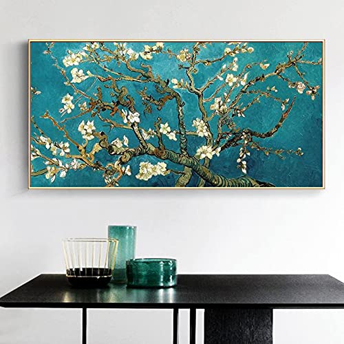 YIYAOFBH Mandelblüte Blumen Leinwand Gemälde von Van Gogh Impressionistische Poster und Drucke Wandkunst Bilder Heimdekoration 80x160cm(31x63in) Goldenframe