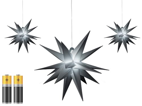 3er Pack 3D Leuchtstern - Weihnachtsstern/warm-weiß beleuchtet/für Innen und Außen geeignet/hängend / 100cm Zuleitung/ca. Ø 25 cm/batteriebetrieben (grau)