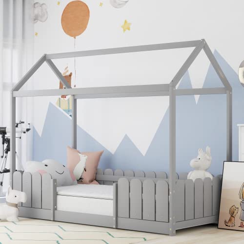 Hausbett 90x200 cm - vielseitiges Holz Kinderbett für Jungen & Mädchen - Mit Rausfallschutz und Lattenrost (Grau)