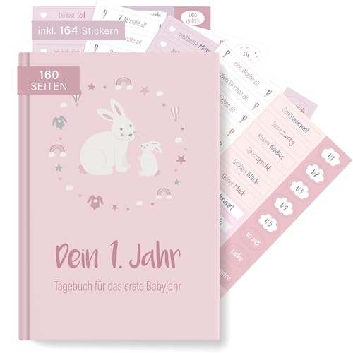 mintkind® Babyalbum "Dein erstes Lebensjahr" A5 Rosa + Sticket Set | Baby Fotoalbum zum Selbstgestalten | Baby Geschenk für Mädchen und Junge | Babybuch zum Eintragen | Baby Buch ab 0 Monate